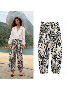 Resort | Rachel Zoe Linen Joggers | Black White Tropical Floral Print | Cargo S